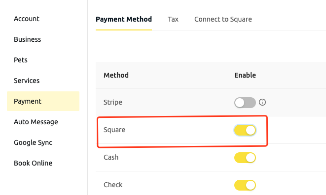 enable square payment method